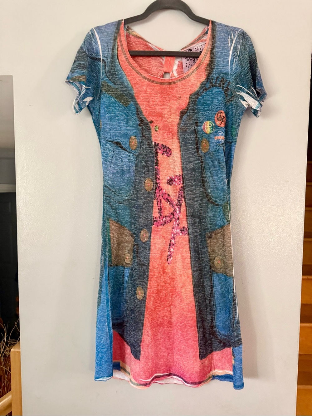 EUC VINTAGE Y2K C-Bar-A by Christian Audigier Trompe L’oeil Denim Sequin Dress M